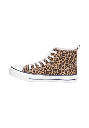 High-top sneakers featuring a tan canvas upper with a black leopard print, white rubber toe cap, white laces, and a navy striped sole.