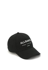 Black cotton baseball cap with a curved brim, featuring white embroidered text "ALLSAINTS" and "LONDON" on the front.
