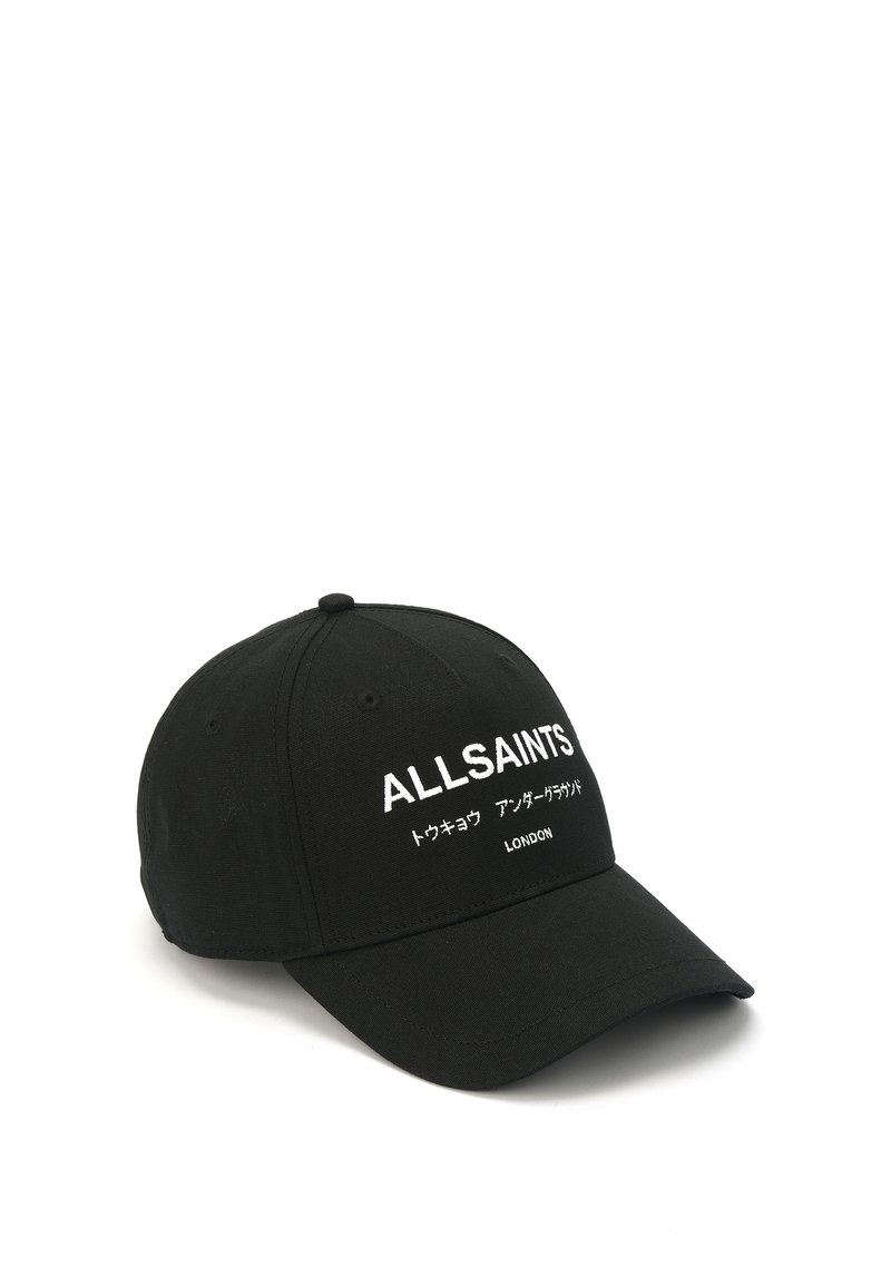 Black cotton baseball cap with a curved brim, featuring white embroidered text "ALLSAINTS" and "LONDON" on the front.