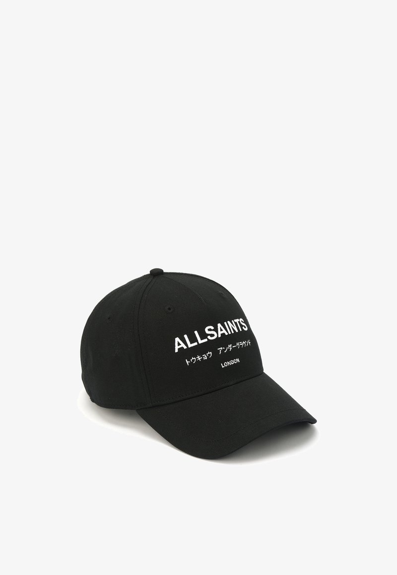 Black cotton baseball cap with a curved brim, featuring white embroidered text "ALLSAINTS" and "LONDON" on the front.