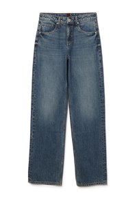 Jeans de denim de color azul claro, holgados, con pierna recta, cinco bolsillos, textura deslavada y cierre de botón. Sin patrones ni bordados visibles.