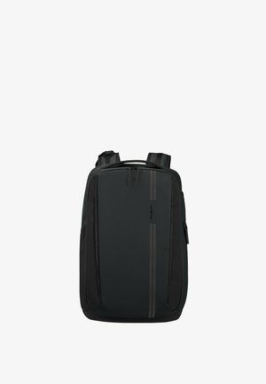 Black backpack made of durable material; features a smooth surface, two vertical stripes, ergonomic straps, and a zippered main compartment.