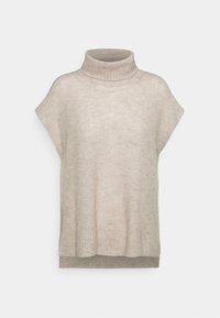 Beige gebreide mouwloze coltrui met een geribbelde textuur en een relaxte pasvorm tegen een witte achtergrond.