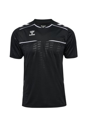 Schwarzes Sporttrikot aus atmungsaktivem Stoff, mit kurzen Ärmeln, weißen Akzenten und einem geometrischen Muster auf der Vorderseite.