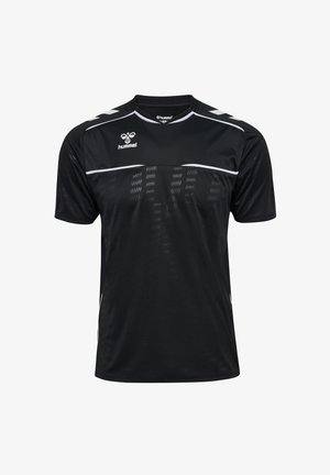 Czarny sportowy ś jersey wykonany z oddychającego materiału, z krótkimi rękawami, białymi akcentami i geometrycznym wzorem na przodzie.