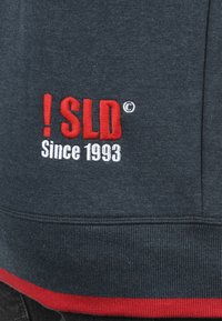 Dark gray sweatshirt with red ribbed accents, featuring embroidered text "! SLD" and "Since 1993." Text positioned on lower left side.