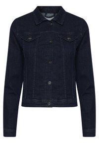 Mörk denimjacka med knäppning fram, spetsig krage och två bröstfickor. Har långa ärmar och en kort modell med kontrastsömmar.