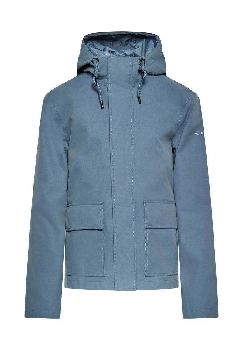 Veste imperméable bleue avec une capuche, équipée de deux poches avant, de cordons de serrage réglables et de poignets élastiques pour un ajustement parfait.