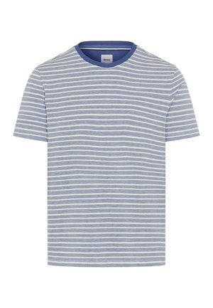 T-shirt da uomo a manica corta con scollo rotondo con righe orizzontali azzurro chiaro e bianco e bordo scuro sul collo.