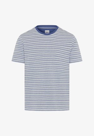 Herren-T-Shirt mit kurzen Ärmeln und Rundhalsausschnitt mit hellblauen und weißen horizontalen Streifen und dunkelblauem Halsbündchen.