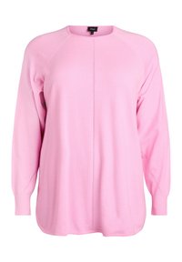 Jasnoróżowy sweter z długim rękawem, okrągłym dekoltem, raglanowymi rękawami oraz detalem w postaci środkowego szwu. Miękka tkanina o luźnym kroju.