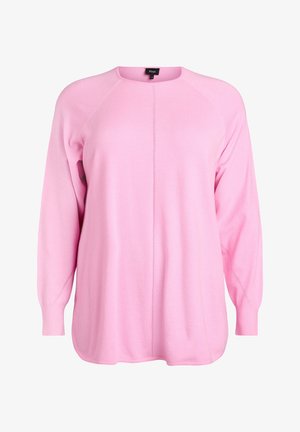 Svijetloružičasti džemper s dugim rukavima, okruglim izrezom, raglan rukavima i detaljem središnjeg šava. Mekani materijal s opuštenim krojem.