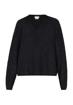 Must mustripaelaga mustriga, millel on sügav V-kaelus, pikad varrukad ja lõtv istuvus. Pehme tekstuur ja soonikääris. Brändi silt on nähtav taga.