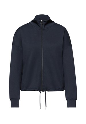 Veste zippée bleu marine avec col montant, manches longues, poignets côtelés et cordon de serrage ajustable à l'ourlet.