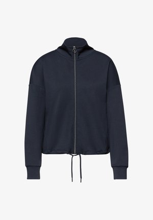 Veste zippée bleu marine avec col montant, manches longues, poignets côtelés et cordon de serrage ajustable à l'ourlet.