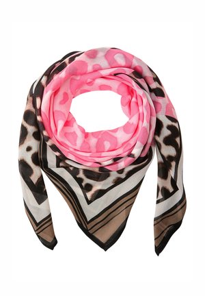 Neliöhuivi, jossa on vaaleanpunainen leopardi-kuvioinen keskiosa ja musta, beige sekä valkoinen geometrinen reuna, kevyesti taiteltuna.