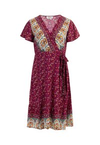 Rochie în culoare magenta profundă, cu motive florale și un material de contrast mai deschis la corp și la tiv. Dispune de mâneci scurte și o funda la talie.