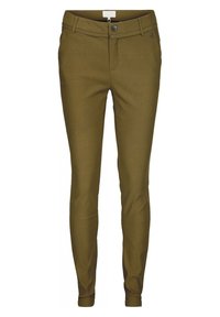 Olivgrön figurnära byxor i slätt material, med knappstängning och framfickor, med en ren design och skräddarsydd silhuett.