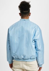 Veste bomber bleu clair avec des rayures verticales blanches, des poignets et un ourlet côtelés, et une texture brillante. La vue de dos montre une coupe décontractée et un col arrondi.