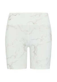 Witte fietsbroek met een marmerpatroon in lichtgrijs. Gemaakt van rekbaar materiaal, met een hoge tailleband en een gladde textuur.