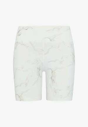Bílé cyklistické šortky s mramorovým vzorem v světle šedé barvě. Vyrobené z elastického materiálu, s vysokým pasem a hladkým povrchem.