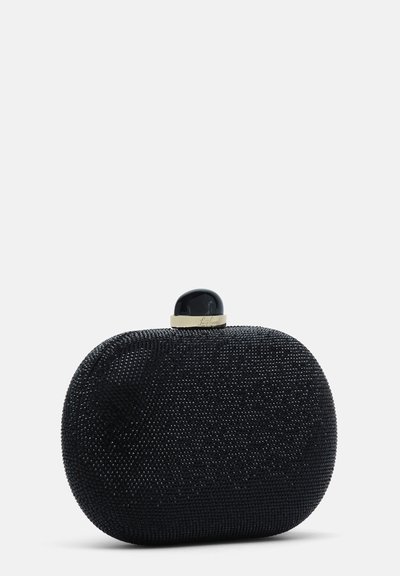 Pochette de soirée noire de forme ovale, recouverte de petits perles avec un fermoir rond noir et doré sur le dessus.