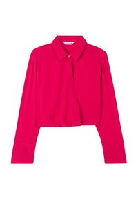 Camicetta rosa a maniche lunghe, corta, con colletto classico e chiusura con bottoni. Tessuto liscio con una vestibilità regolare e elementi di design strutturati.