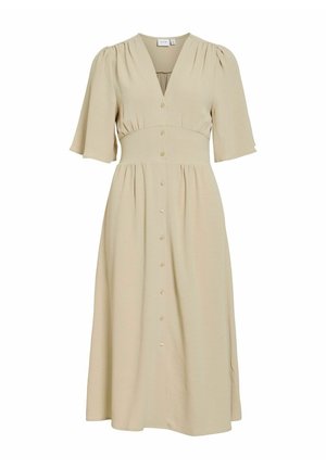 Beige midi-jurk met V-hals, korte pofmouwtjes, knoopsluiting aan de voorkant en een geplooide taille.