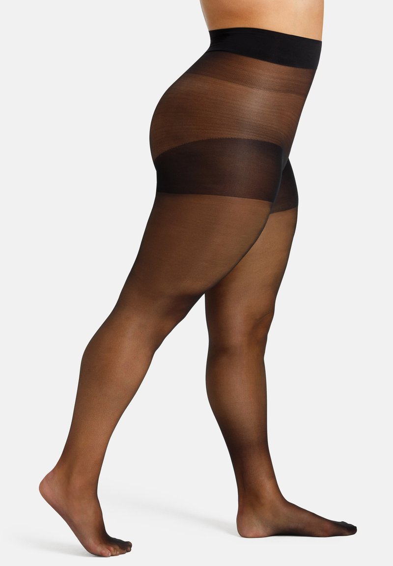 Collant neri in nylon con finitura semi-trasparente. Presentano una vita ampia ed elastica e una texture liscia e trasparente, che accentua la forma della gamba.