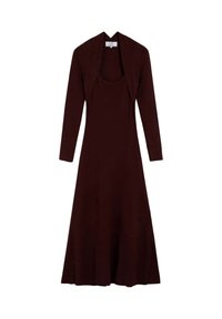 Vestido burdeos de manga larga con corpiño ajustado y falda acampanada. Hecho de tela texturizada, con diseño de cárdigan corto abierto.