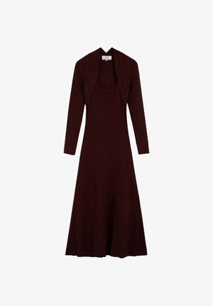 Vestido burdeos de manga larga con corpiño ajustado y falda acampanada. Hecho de tela texturizada, con diseño de cárdigan corto abierto.
