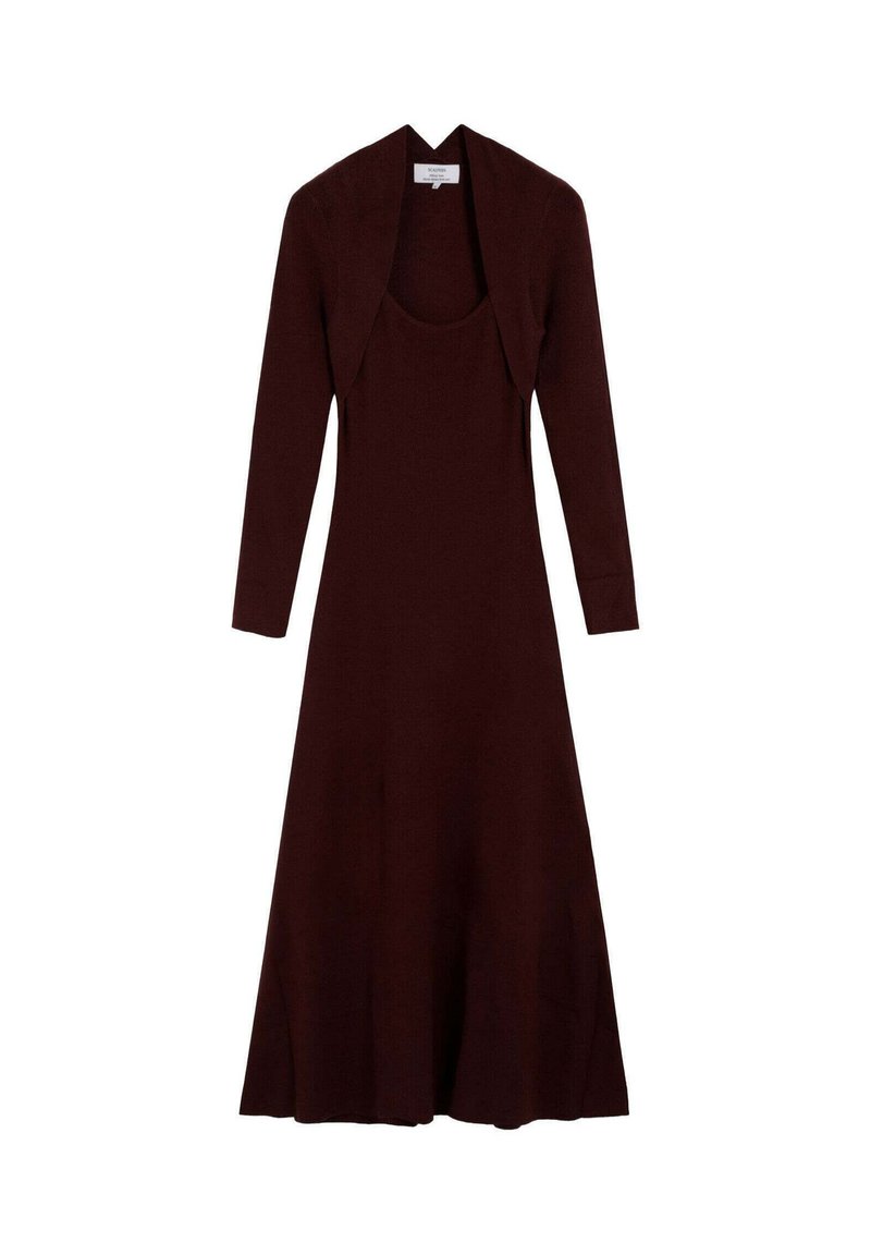 Vestido burdeos de manga larga con corpiño ajustado y falda acampanada. Hecho de tela texturizada, con diseño de cárdigan corto abierto.