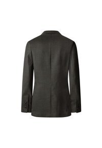 Tmavošedý blejzer s elegantným dizajnom, vystupujúcim límcom a jedným rozparkom. Trojbuttonové manžety na každej rukáve. Textúrovaná tkanina.