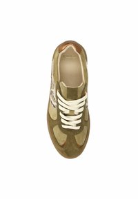 Olive green suede sneaker with cream laces, tan accents, and embroidered design on the side. Features rounded toe and rubber sole.