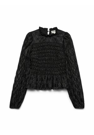 Blouse noire transparente à manches longues avec corsage froncé, encolure à volants et motif tourbillonnant pailleté discret, fermeture par boutons au dos.