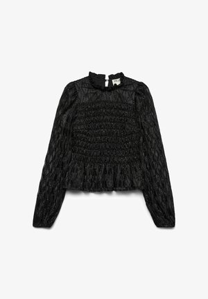 Blouse noire transparente à manches longues avec corsage froncé, encolure à volants et motif tourbillonnant pailleté discret, fermeture par boutons au dos.