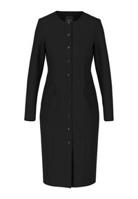 Schwarzes Langarmkleid mit rundem Ausschnitt, vorderer Knopfleiste, zwei Seitentaschen und geradem Schnitt. Glatte Stoffstruktur.