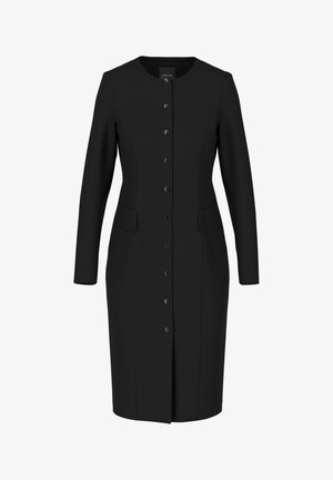 Black long-sleeve dress with a round neckline, front button closure, two side pockets, and a straight silhouette. Smooth fabric texture.