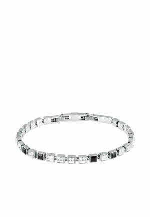 Silver bracelet featuring square-shaped black and clear stones, alternating in a geometric pattern, with a smooth, polished finish.