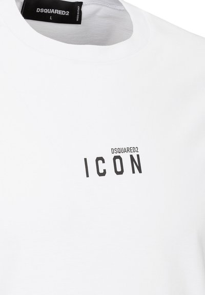 Weißes Baumwoll-T-Shirt mit Rundhalsausschnitt, mit einem auffälligen schwarzen "ICON"-Logo und dem Schriftzug "DSQUARED2" auf der oberen linken Seite.
