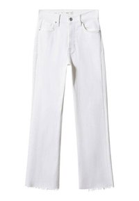 Jean en denim blanc avec taille haute, fermeture à boutons et zip, poches avant et arrière, et ourlets bruts effilochés.