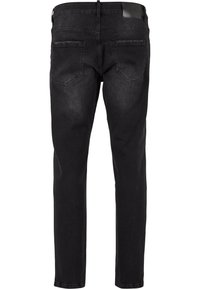 Jeans negros de pierna recta mostrados desde la parte trasera con dos bolsillos traseros y un parche negro en la cinturilla.
