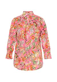 Blusa rosa a maniche lunghe con motivo floreale, dettagli arancioni, bianchi e verdi, con chiusura a bottoni e polsini arricciati.