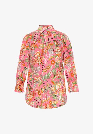 Blusa rosa a maniche lunghe con motivo floreale, dettagli arancioni, bianchi e verdi, con chiusura a bottoni e polsini arricciati.