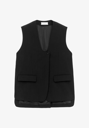 Veste noire sans manches, cintrée, avec une fermeture à un bouton et deux poches à rabat à l'avant, dotée d'une doublure intérieure lisse.