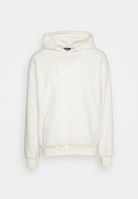 Fleece-Hoodie in Cremefarbe mit einer vorderen Tasche, gerippten Bündchen und Saum. Verfügt über ein weißes, gesticktes Logo auf der Brust. Weiche Textur.