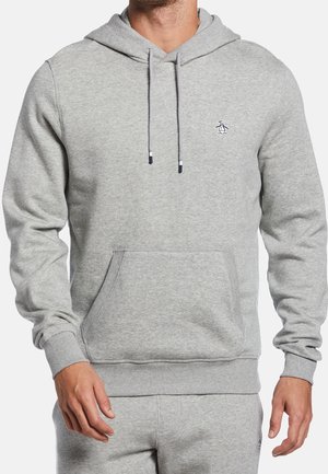 Grijze hoodie van zacht materiaal, met een kangoeroezak, een capuchon met trekkoord, ribgebreide manchetten en een klein pinguïnlogo op de borst.