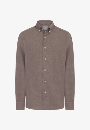 Camicia a maniche lunghe marrone con bottoni in un tessuto texturizzato, featuring un colletto classico e bottoni bianchi lungo il placket anteriore.