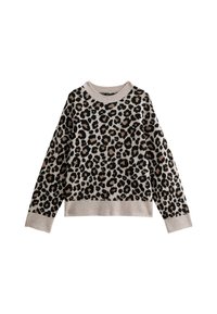 Beige sweater met luipaardprint, voorzien van een ronde halslijn, geribde boorden en zoom. Gemaakt van een zachte stof met zwarte en bruine accenten.