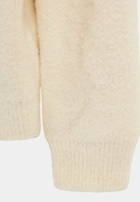 Maglione color crema realizzato in morbido tessuto texturizzato. Presenta polsini e orlo a coste, con una superficie leggermente pelosa.